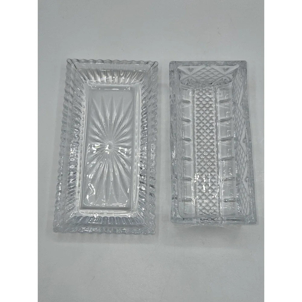 Vintage Pressed Glass Butter Dish Clear Glass Covered Dish Starburst Diamond Cut